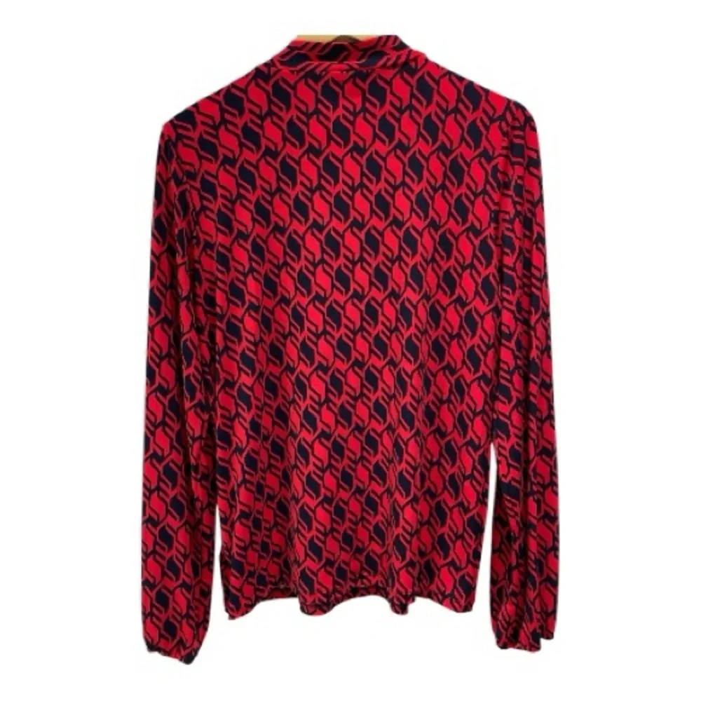 Michael Michael Kors Blouse Top Size L Red Navy Geometric Print Tie Neck - Picture 2 of 11
